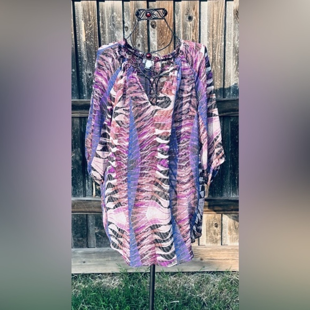 🟢 A Pea In the Pod Sheer Split Neck Coverup - Purple and Pink